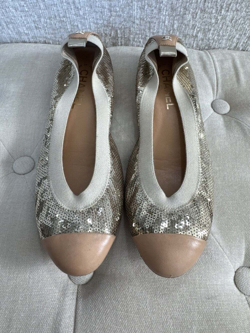 Authentic CHANEL Gold Sequin Cap-Toe Ballet Flats – Size 39 (US 8/8.5) - Picture 3 of 9
